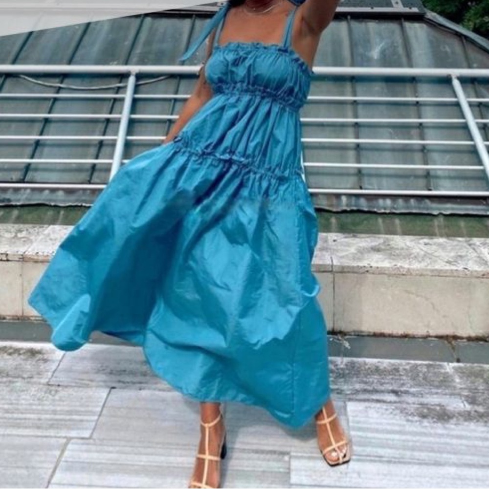 Zara Blue Taffeta Tiered Maxi Sun Dress NWT   Size S